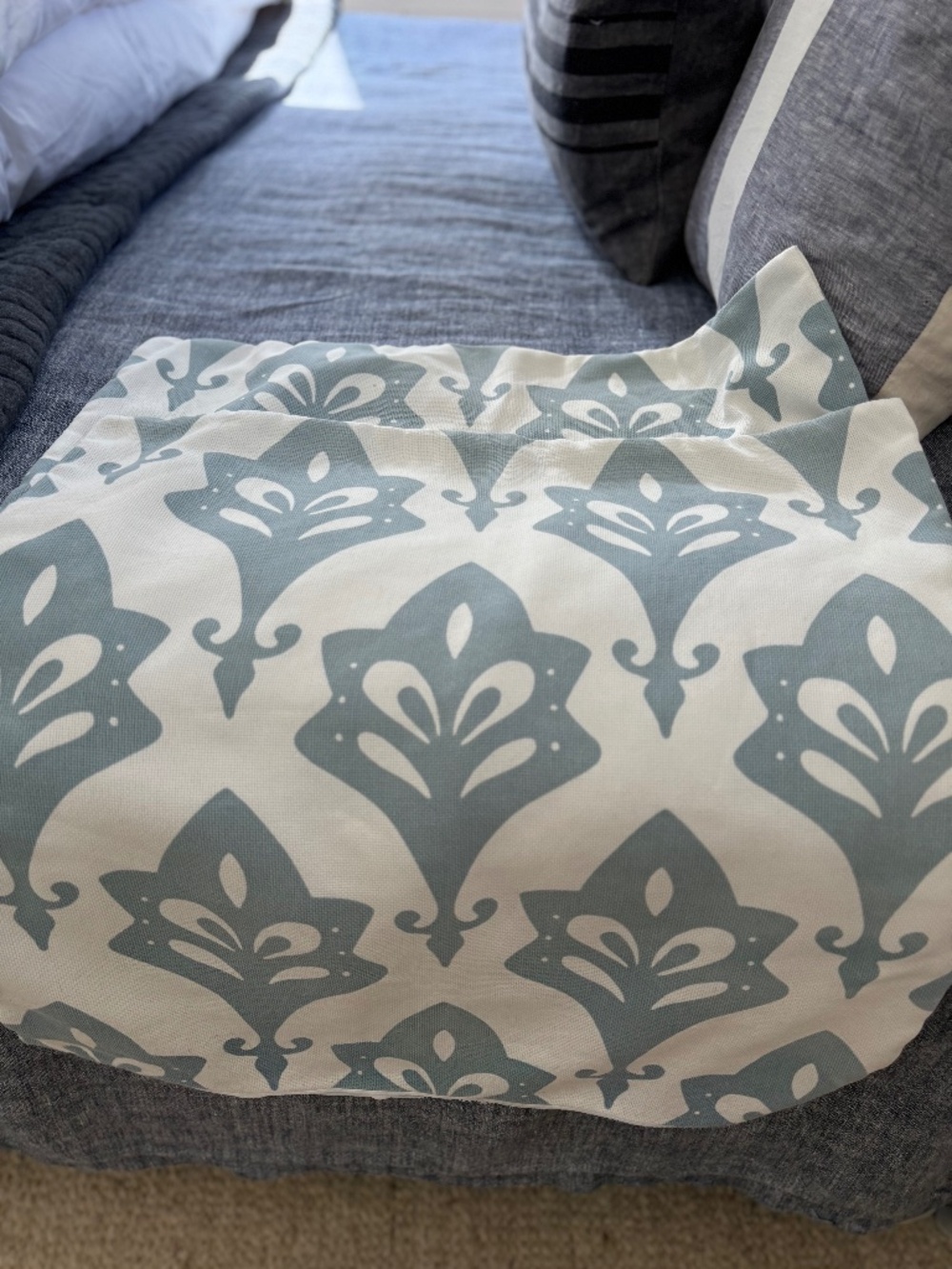 Serena & Lily Acanthus Outdoor Pillow Covers x 2  (24” SQ)-Seaglass Blue
